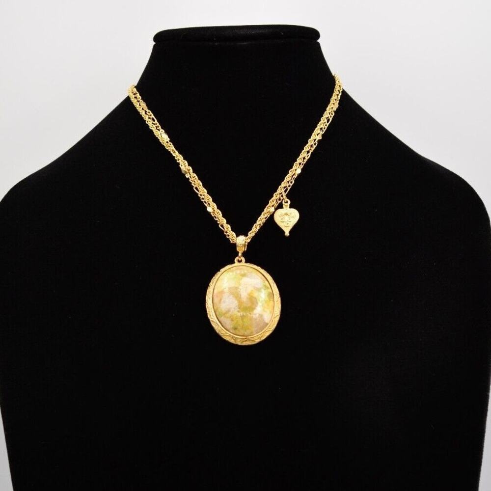 2028 Cabochon Pendant Necklace Multi-Chain Marbled Brushed Gold Signed BinG